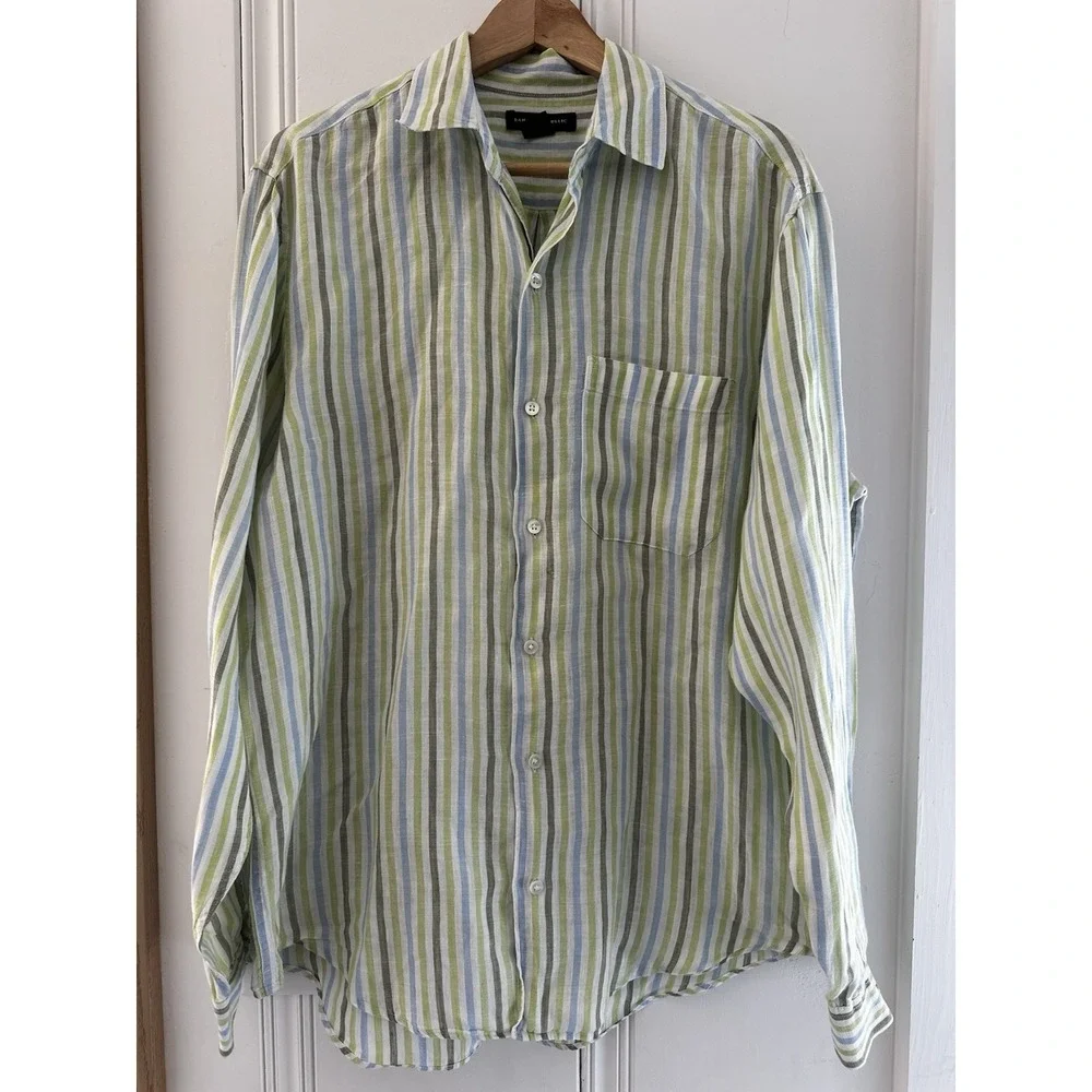 Banana Republic Linen Shirt Mens M Green Blue Stripe Button‎ Up Casual